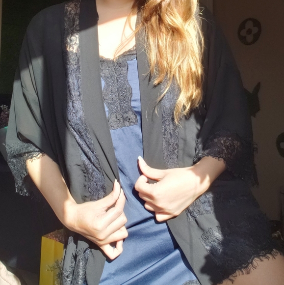 Navy Satin Dress and Lace Black Kimono - Picture 4 of 4